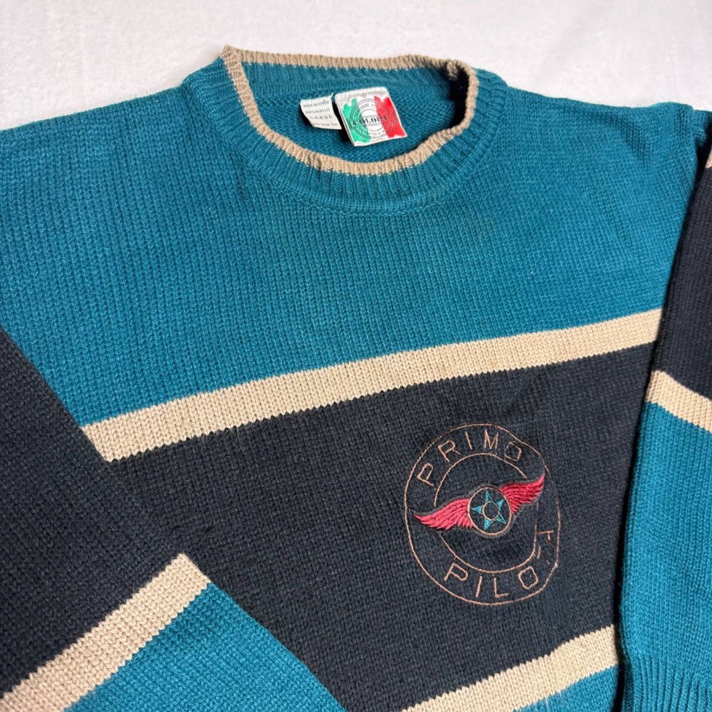 Primo Pilot Vintage Sweater Teal Black Tan Striped Embroidered Logo Men's Large